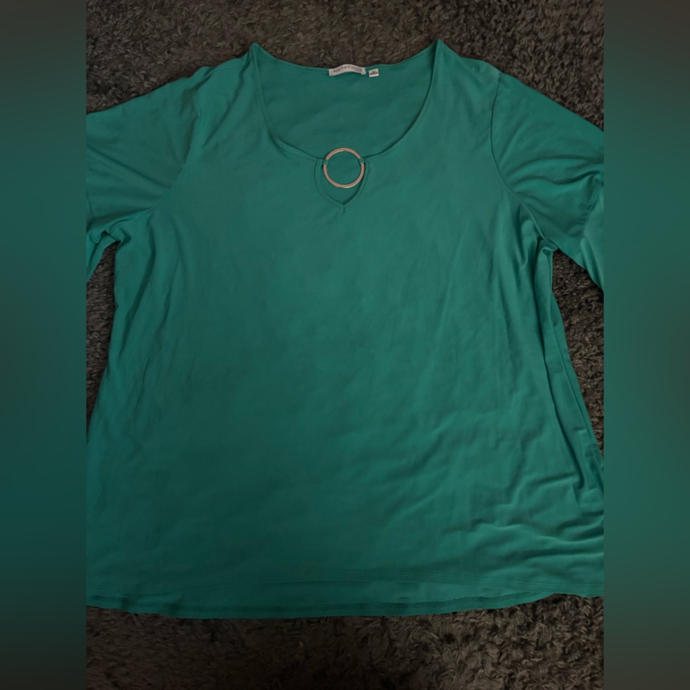 Teal Scoop Neck Top with Decorative Ring-3X